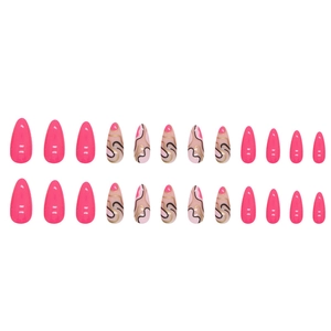 Barbie pink almond press-on nails set with irregular black and gold wave line designs