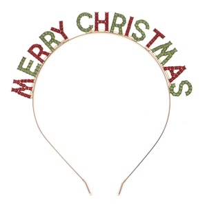 Sparkly Merry Christmas headband with red and green rhinestones on gold metal frame