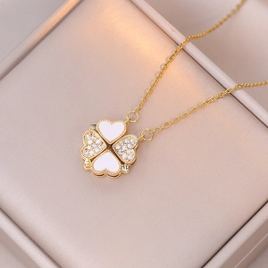 Collier Pendentif Trèfle À Quatre Feuilles Cœur Acier Inoxydable Zircone Émail Blanc Magnétique Pliable Chaîne Clavicule Bijoux