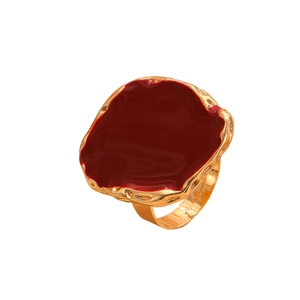 Vintage gold-plated irregular ring with deep red enamel inlay and lava texture