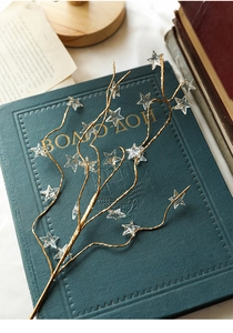 Detail of golden branched stem with faceted acrylic star ornaments on a dark book