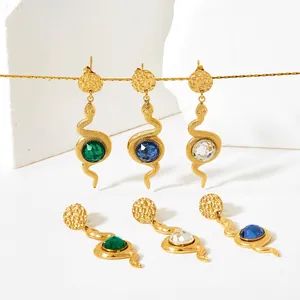 Punk snake glass drop earrings in gold stainless steel with colorful gemstones