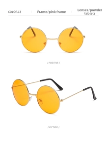 Dual view of retro round sunglasses with gold metal frame and tinted ocean lenses