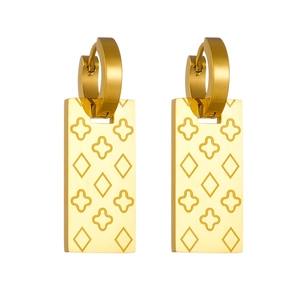 18k gold plated stainless steel square hoop earrings with clover engraving for women