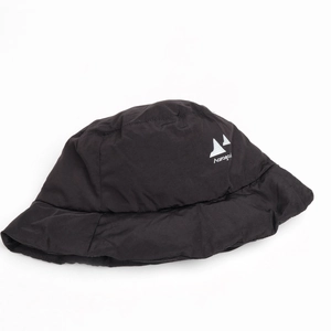 Detail of black down-padded fisherman hat featuring white mountain logo and brand embroidery