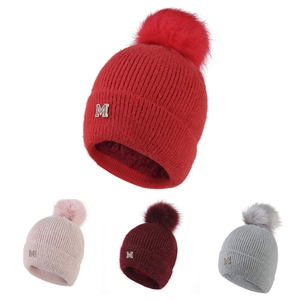 Berretto In Maglia Invernale Con Pompon In Pelliccia Sintetica Foderato In Pile Caldo Protezione Orecchie Lettera M Strass