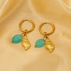 Conch Shell Turquoise Dangle Hoop Earrings 18K Gold Plated Stainless Steel Bohemian Ocean Style Jewelry For Women