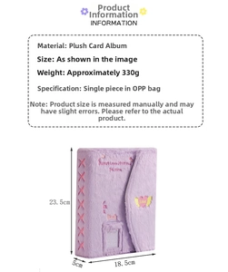 Detail view of purple plush photo album showing dimensions 23.5x18.5x5cm and embroidery