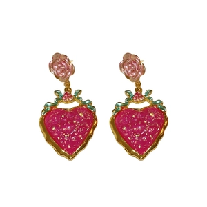 Pink strawberry heart earrings with gold rose studs and glittery resin finish