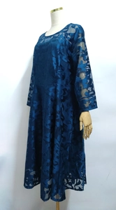 Close-up of dark blue lace dress featuring elegant floral texture and long sleeves