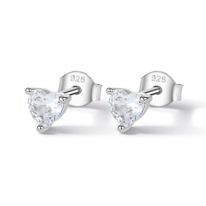 Elegant 925 sterling silver heart-shaped stud earrings featuring clear zircon stones