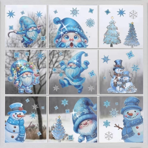 Christmas window decals with blue gnomes, snowmen and snowflakes for winter home decor