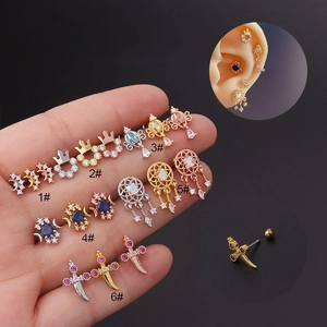 Stainless Steel Copper Zircon Cartilage Stud Earrings Screw Back Helix Tragus Conch Piercing Jewelry For Women Retro Punk