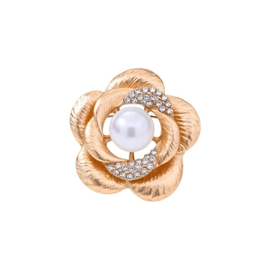 Elegant floral pearl brooch with sparkling rhinestones and golden brushed texture petals