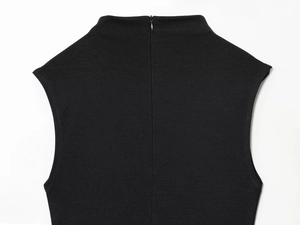 Close-up of black sleeveless dress featuring a high collar and hidden back zipper