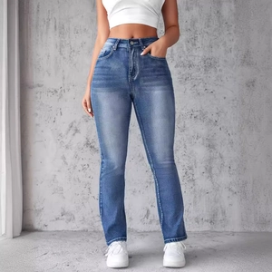 Women High Waisted Jeans Distressed Blue Polyester Denim Splicing Street Style Fashion Long Pants