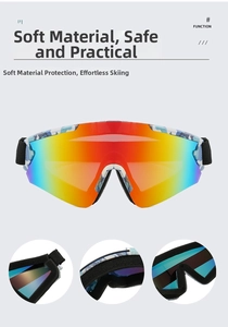 Detail view of ski goggles with rainbow lens, camouflage frame and thick protective foam