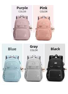 Collage of five waterproof student backpacks in purple, pink, blue, grey, and black colors