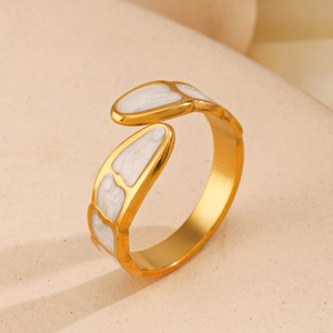 18K gold plated stainless steel open ring with white enamel wing design and leaf texture