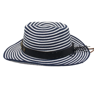 Detail of blue and white striped woven cowboy hat with leather band and star studs