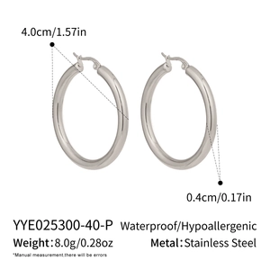 Technical size chart for 40mm silver stainless steel hoop earrings with waterproof specs