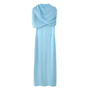 Detailed close-up of light blue mesh patchwork sleeveless slim dress with cowl neckline