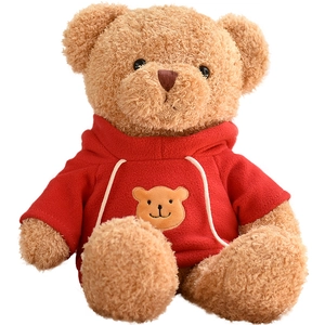 Classic light brown teddy bear plush toy wearing a soft red hooded fleece sweatshirt