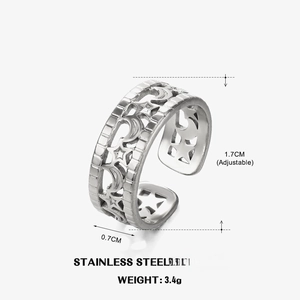 Detailed view of adjustable stainless steel ring with hollow star and moon design