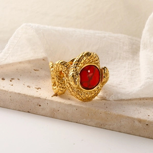 Retro 18k gold plated stainless steel double snake ring with red stone inlay