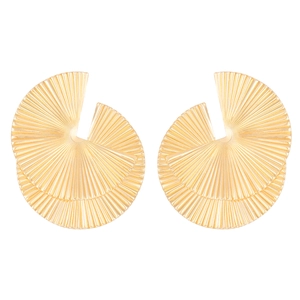Irregular fan-shaped gold earrings with textured radial patterns in a minimalist style