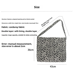 Detailed size chart for the leopard print canvas bag showing dimensions and zippered pockets