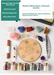 Macro view of natural healing crystal kit featuring wood tray and gemstone bottles