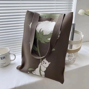 Brown knitted tote bag with white cat and floral pattern, stylish large capacity shoulder bag