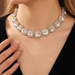 Luxury silver-tone choker necklace with brilliant round rhinestones on neck