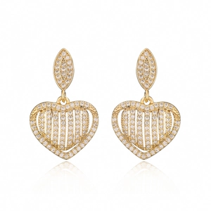 Gold plated heart drop earrings with shimmering cubic zirconia in a hollow design