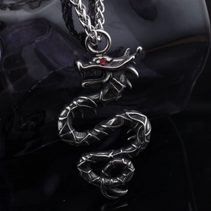 Vintage stainless steel dragon pendant necklace with red gemstone eye and curb chain