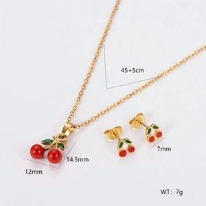 Detail view of gold cherry necklace and earrings with 45+5cm chain and 7g weight