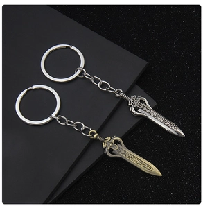 Detailed close-up of retro bronze and silver sword keychains with embossed textures