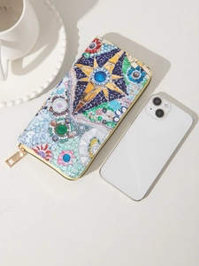 Ethnic style mosaic print long PU leather wallet with zipper and geometric patterns