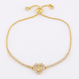 18K gold plated zircon bracelet with Mary heart pendant and adjustable bolo clasp