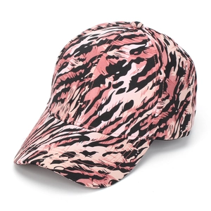 Detailed side view of a pink baseball cap with black animal tiger stripes and curved brim