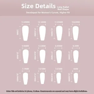 Size chart detail for 24pcs long coffin press on nails with 12 specific dimensions