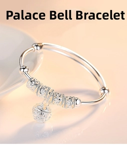 Detail of silver plated palace bell bracelet with hollow beads and adjustable closure