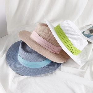 Women's summer straw sun hats with elegant flat top and colorful ribbons in three shades