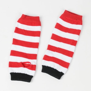 Detail of red and white striped knit arm warmers with fingerless design for children