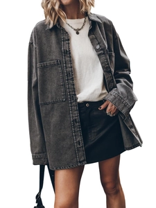 Detail view of retro grey denim shirt jacket with large pockets and metal buttons
