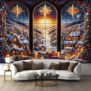 Detail of Christmas tapestry featuring snowy village scene through arched windows