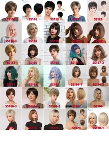 Catalog of long wavy wigs with bangs in various colors like brown, blonde, and pink tones