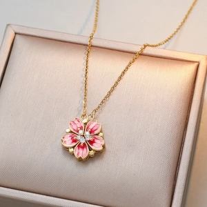 Pink enamel cherry blossom pendant necklace in gold finish with zircon center