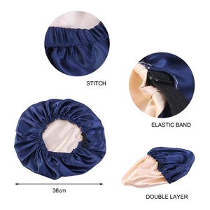 Double-layer 36cm satin sleep bonnet in navy blue with adjustable elastic band